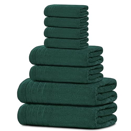 Tens Towels Pack of 8 Towels Set, 2 Extra Large Bath, 2 Hand, 4 Washcloths, 100% Cotton, Lighter Weight, Quicker to Dry, Super Absorbent, Perfect for Bathroom, Hunter Green - color: Hunter Green