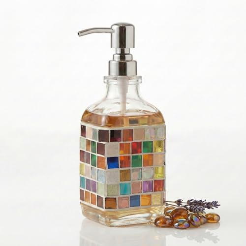 BOPPIE Handcrafted Mosaic Glass Soap Dispenser, Modern Countertop Hand & Dish Soap Dispenser for Bathroom/Kitchen, Refillable Liquid Soap Bottle with Stainless Steel Rust Proof Pump (Mosaic Grid) - color: Mosaic Grid