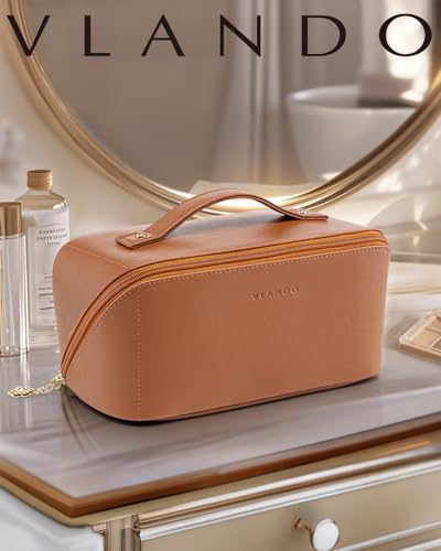 VLANDO Makeup Bag,Travel Toiletry Bag,Cosmetic Bag for Women PU Leather Portable Make up Bag for Skincare, Brushes & Travel Essentials-Brown - color: 02.Brown