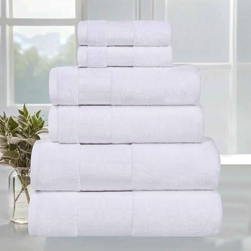 Superior 6-Piece Cotton Towel Set, Geometric Design, Dobby Border, Plush Quick Dry Towels, Decorative Bathroom, Spa, Includes 2 Bath, 2 Hand, 2 Face Towels/Washcloth, Larissa Collection, White-White - color: White-white, size: 6 Piece Towel Set