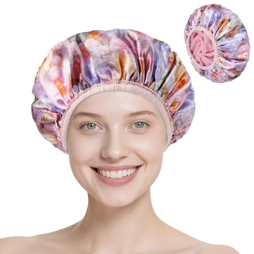 Upgraded Waterproof Terry Shower Caps, Reusable Shower Cap for Women with Long Hair, Soft Absorbent Hair-Protecting Towel Lining Bath Cap, Large Leak-Proof Hair Cap with Fashionable Print Outer-Pink - color: Pink