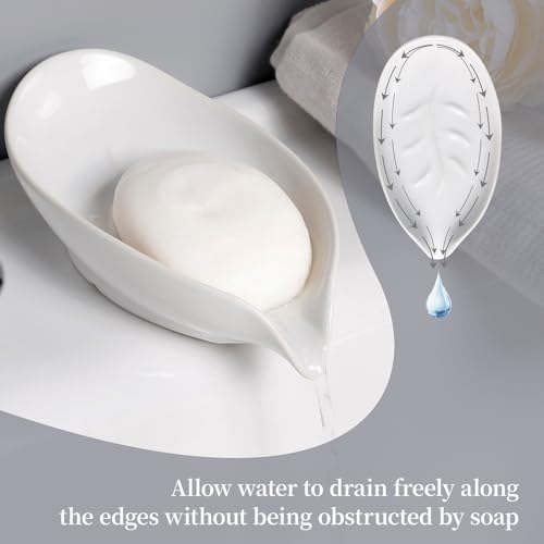 Soap Dish 2PCS, Self-Draining Bar Soap Holder, Leaf Shape Ceramic Drain Soap Dishes for Bathroom Kitchen, Easy to Clean Keeps Soap Dry, White, ANTIS'S HOME - color: White-2pcs-enhanced Draining