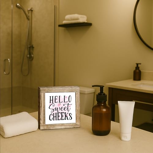 Rustic Farmhouse Bathroom Decor, Hello Sweet Cheeks Wooden Box Sign, Funny Decorative for Bathroom, Toilet Shelves Accessory, Square Wood Block Sign Table Decor 5.9×5.9 inch - color: color31