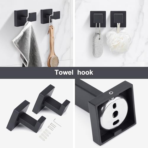 Stainless Steel Matte Black Bathroom Hardware Accessories - 5 Piece Set with 16 inch Square Towel Bar, Towel Rack & Holder - color: Matte Black