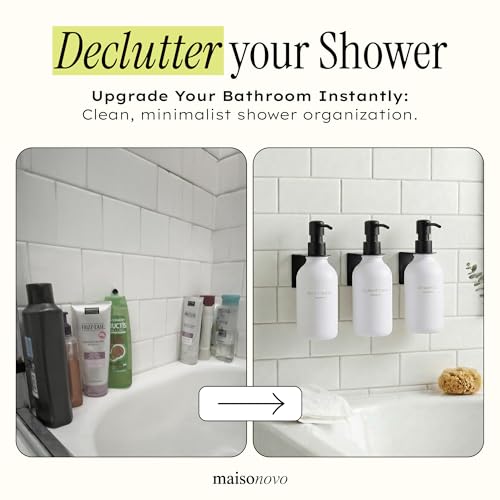 Shampoo and Conditioner Dispenser Wall Mounted Set of 3 White Black - No Drill Shower Soap Dispenser for Bathroom Refillable - Spa Hotel Style Accessories by MaisoNovo - color: White Black Set of 3