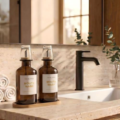 11.8OZ Glass Mouthwash Dispenser for Bathroom with Stainless Steel & Bamboo Nozzle, Mouthwash Cup Reusable, Bamboo Tray, and Elegant Gold Sticker.Set of 2（Amber - color: Amber/350*2