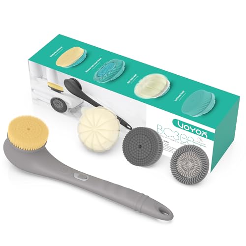 VOYOR Electric Body Brush Back Scrubber Silicone Body Scrubber Two-Way Rotating Brush Head for Deep Cleaning, Exfoliation, 4 Attachments Long Handle IPX6 Rechargeable Shower Brush BC300 (Grey) - color: Grey