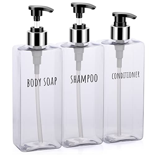 Segbeauty 3pcs Clear Soap Dispenser, 16.9oz Refillable Shampoo Conditioner Bottles, 500ml Empty Plastic Square Body Wash Dispenser for Shower Bathroom Press Pump Bottle Liquid Container Set - color: Clear, style: 16.9oz-Silver Pump