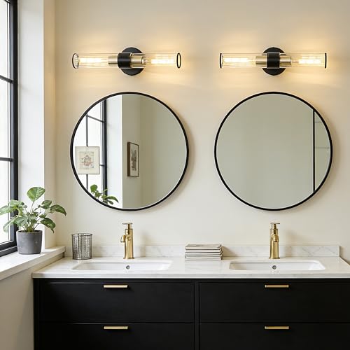 Bathroom Light Fixtures 2 Pack Hardwired, Black Gold Wall Sconce Threaded Glass Vanity Light Featuring Two E26 sockets, Bathroom Wall Light Dimmable - Bulb Not Included, UL Certification - color: Black Gold Threaded Glass-2Pack