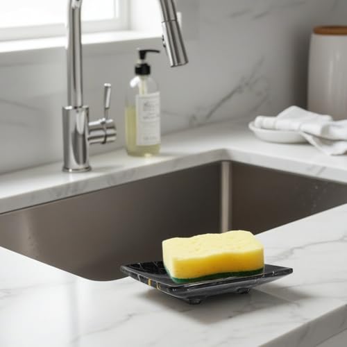 Luxury Handmade Multi Black Marble Soap Dish Holder with Drain for Bathroom and Shower, Best Bath Products & Sponge Tray for Kitchen & Housewarming Gifts., 4x5x0.75, (SD2021) - color: Dark Marble