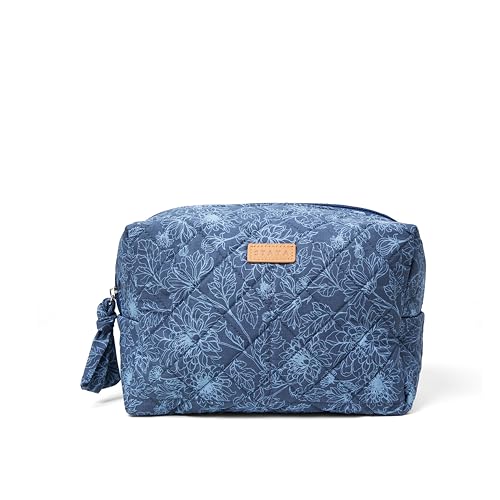 Staya Quilted Makeup Bag for Women – Cotton Travel Cosmetic & Toiletry Pouch, Small Aesthetic Organizer for Purse & Carry-On (Indigo Petals) - color: Indigo