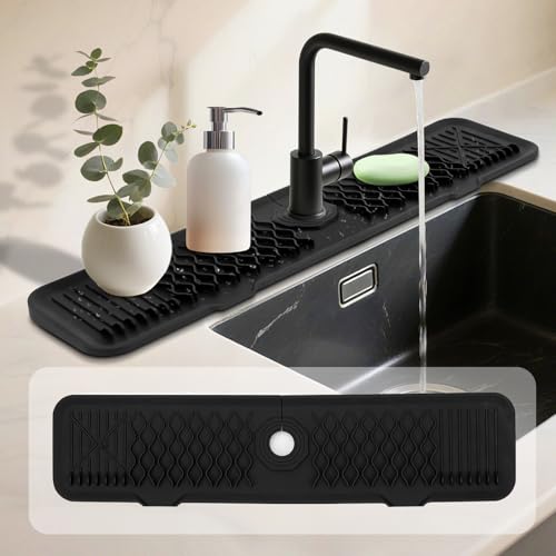 24 Inch Faucet Mat For Kitchen Sink ，5°Slope Fast Draining Silicone Mat , For Kitchen Sink Splash Guard, Bathroom Faucet Draining gadgets (black, 24" x 5.7")