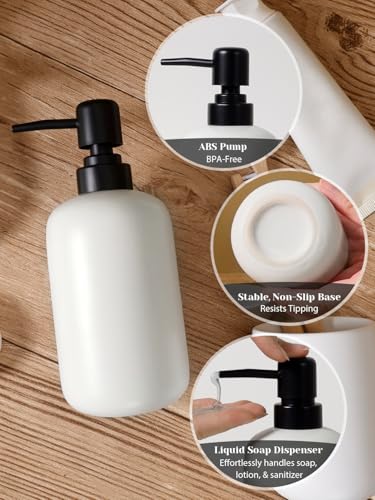 INGOFIN 3 Pcs Ceramic Bathroom Accessory Set - Liquid Soap Dispenser, Toothbrush Holder & Tray, Bathroom Counter Set, Countertop Essentials for Home, Guest Bathroom, or Office Use, White - style: Liquid-White