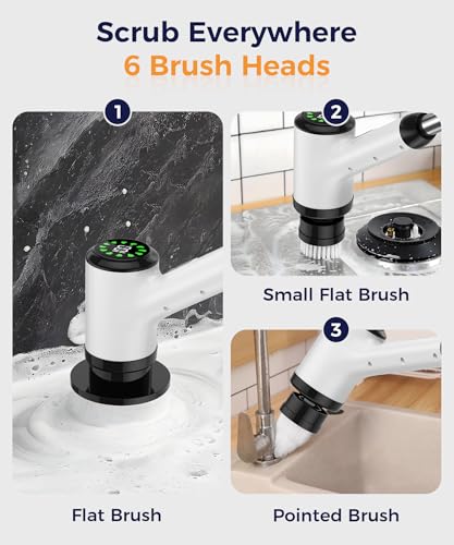 Cordless Electric Spin Scrubber, 6 Brush Heads, Long Handle | Power scrubber, adjustable long handle, IPX7 rated body, lightweight grip, bathroom, kitchen, tile, grout, tub, shower, floor - size: 6heads