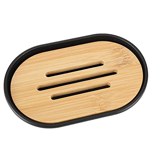 Set of 4 Complete Bathroom Accessories, Bathroom Set with Toothbrush Holder, Dish, Lotion Dispenser and Cup, in Plastic + Bamboo(Black) - color: Black