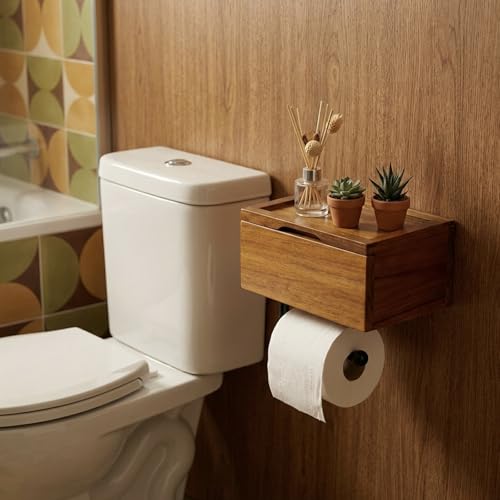 MyGift Mid-Century Modern Solid Acacia Wood Wall Mounted Toilet Paper Holder with Wet Wipes Dispenser and Storage Shelf Tray, Bathroom Organizer