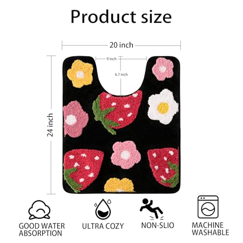 Anybar U-Shaped Toilet Rug 20x24'' - Super Soft Absorbent Bathroom Mat with Cute Strawberry & Flower Design, Non-Slip Quick-Dry Washable Contour Rug for Toilet, Bath Mats for Bathroom Decor（Black） - color: Black, size: 2' x 1'8" (U-Shape)