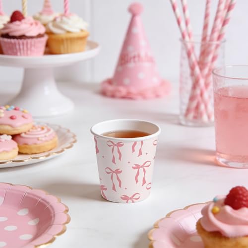 WRAPAHOLIC 3oz Paper Cups - 100 Pack Disposable Bathroom Cups with Pink Bow Design, Small Mouthwash Cup for Toothbrush Rinse, Home Bathroom, Picnic, BBQ, Travel and Party - color: Pink Bow