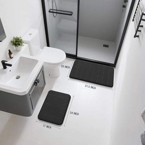 Yimobra Memory Foam Bathroom Rugs Sets 2 Piece - Super Soft Absorbent Quick Dry Bath Mat Set, Machine Washable Non Slip Floor Carpet for Tub Shower & Single Sink (17x24 & 31.5x20 Inch, Black) - color: Black, size: 31.5x20+24x17 Inch