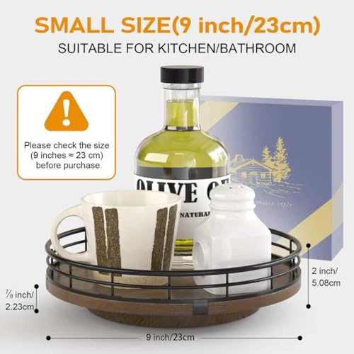 Farmhouse Oak 9" Lazy Susan Turntable Organizer for Cabinet, Round Wooden Lazy Susan Organization and Storage for Dining Table, Pantry, Kitchen, Countertop, Cupboard,Home Decor, Walnut Wood - color: Walnut, size: 9 inches