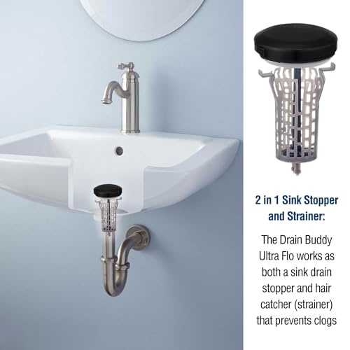 Drain Buddy Ultra Flo- 2 in 1 Bathroom Sink Stopper & Hair Catcher W/Patented Pull Clean Technology! | Fits 1.25” Sink Drains, Clog Preventing | Matte Black Metal Cap / 1 Replacement Basket - color: Matte Black
