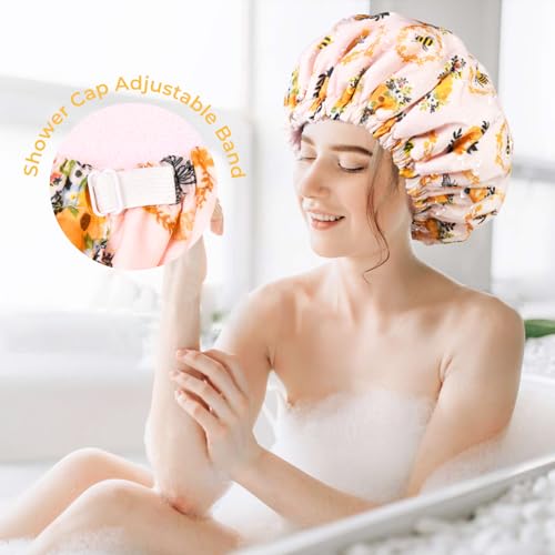 Shower Cap for Women Terry Lined Bee Bath Cap Large Reusable Waterproof Elastic Band Beekeeper Shower Caps for Long Thick Hair Soft Bath Shower Hair Caps - color: Bee
