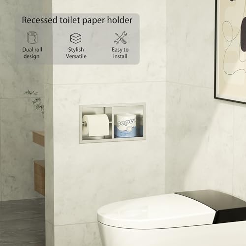 Neodrain Dual Roll Recessed Toilet Paper Holder - Brushed Nickel 304 Stainless Steel, Hidden in-Wall Space-Saving for Modern Bathroom Tissue Holder(Brushed) - color: Brushed
