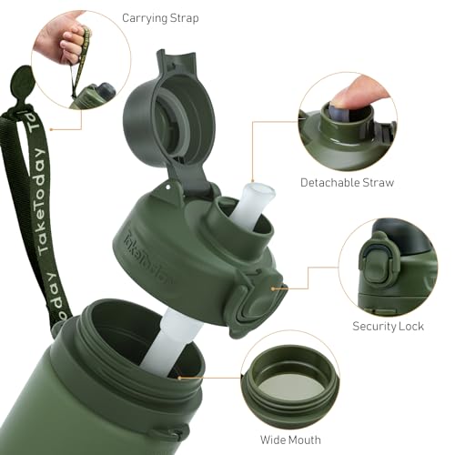 TakeToday Collapsible Water Bottles 21oz (600mL), Foldable Platinum Silicone Travel Water Bottle with Straw & Carry Strap, Leak-Resistant Screw Lid, Wide Mouth, BPA-Free for Hiking, Camping, Travel - color: Jungle
