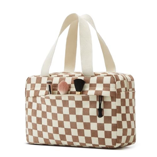 Large Makeup Bag for Women Corduroy Cosmetic bag Make up Bags Zipper Pouch with handle Cosmetic Organizer Toiletry Bag for Travel Storage - color: 20-Checkered Light Khaki