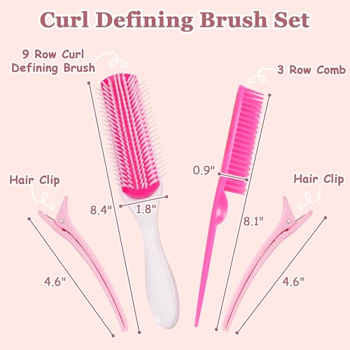 SALONSILK Curl Defining Hair Brush Set, Pink Styling Curly Brush, 9 Row Styling Brush, 3 Row Comb with 2PCS Hair Clips for Women