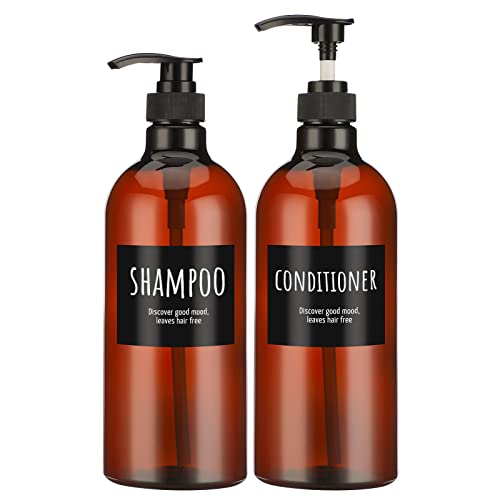 Empty Plastic Bottles with Labels, Segbeauty 33.8oz Large Brown Shampoo Conditioner Reusable Dispenser, 2 Packs of 1000ml Refillable Shower Lotion Pump Press Bottles for Bathroom Hand Soap Body Wash - color: Dark Amber, size: 33.8 oz