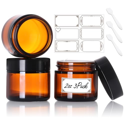 2oz Airtight Glass Jars with Lids, 3 Pack Amber Empty Small Cosmetic jars | Small Cosmetic Containers with Inner Liners, Leak-Proof Travel Jars for Lotions, Scrubs, and Candle Making, Labels & Spatulas - color: Amber-2oz-3pcs