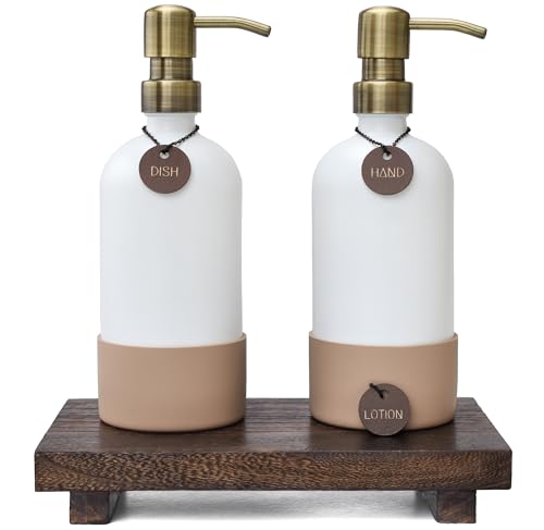 Finisterra White Hand and Dish Soap Dispenser Set With Tray - Boho Bathroom and Kitchen Soap and Lotion Dispenser Set - Luxury Hand Soap Dispenser