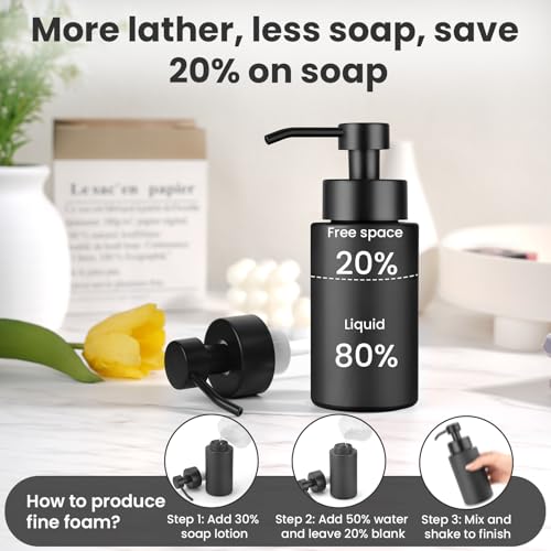 6 Pack 10 OZ Glass Foaming Soap Dispenser for Bathroom & Kitchen Foaming Hand Soap Dispenser with Labels Dispenser for Liquid Soap,Shampoo,Body Wash,Dish Soap,Black