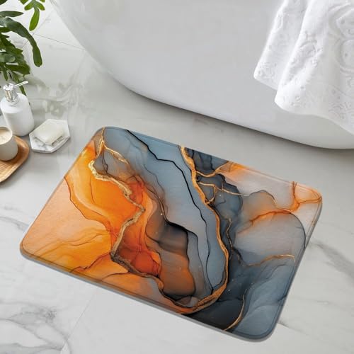 Black Gold Marble Bath Rug, Modern Orange Grey Abstract Marble Floor Mat Non-Slip Microfiber Soft Plush Bathroom Mat Carpets for Bedroom Kitchen Bathroom Toilet 17x29 Inch - color: Orange Gold