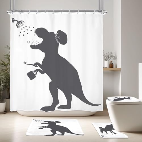 4PCS Kids Dinosaur 71Wx71H Inches Funny Animal Dino Silhouette Shadow Shower Curtain Sets with Rugs, Toilet Lid Cover and Bath Mat, Cute Bath Accessories Art Home Decor Fabric 12 Pack Hooks - color: A2-dinosaur