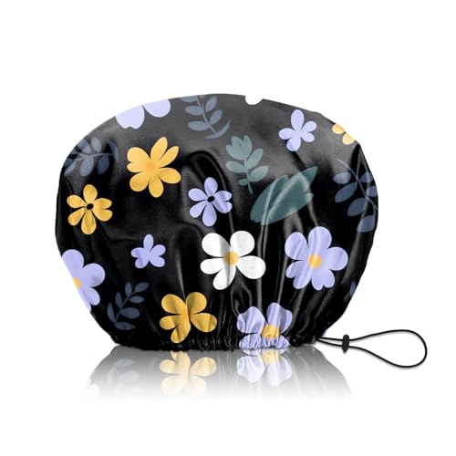 Shower Cap Adjustable Waterproof Double Layer Elastic Reusable Hair Bath Cap Cute Aesthetic for Women Girls-Purple Flower - color: R6-Purple Flower