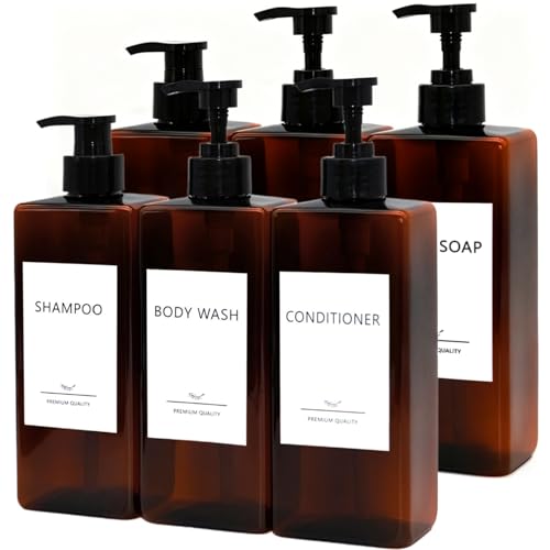 Shampoo and Conditioner Dispenser Set, 6PCS Refillable Shampoo and Conditioner Bottles with Labels, 500ml Soap Dispenser 16.9oz Shower Dispenser Square Pump Bottle for Bathroom and Kitchen - Amber - color: Amber - 6pack 16.9oz