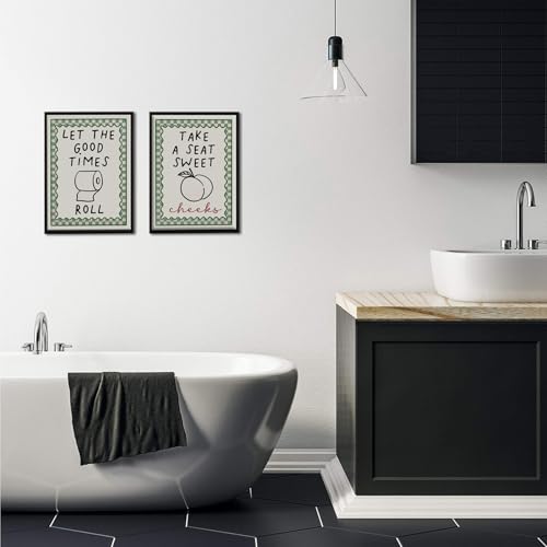 HDXUFJQ Black Frame Funny Bathroom Wall Art Retro Green Minimalist Bathroom Wall Decor Trendy Preppy Dorm Toilet Sign Prints Humor Canvas Picture for Restroom(12"x16") - color: Framed Two Bathroom Signs, size: 16"L x 12"W