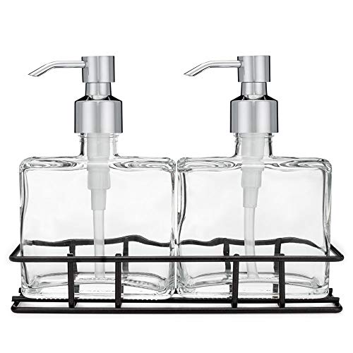 Rail19 Urban Glass Hand and Soap Dispenser Set - Includes Metal Stand Caddy, 8.5oz (Cali Chrome)