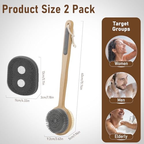 Back Scrubber for Shower + Body Scrubber 2 Pack - Dual Sided Silicone & Nylon Bristles Lather Well, Exfoliating Anti-Slip Wood Long Handle Back Scrubber Body Exfoliator for Wet/Dry Bath Brush Grey - color: Grey