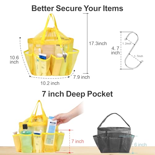 Mesh Shower Caddy Portable with Drawstring - 2-Handle Shower Bag for Dorm | 8 Deep Pockets, S-Hook, Quick-Dry Mesh, College Dorm Room Essentials for Girls, Camping, Gym, Travel, Yellow - color: Yellow with Drawstring, size: L (Classic Dorm Caddy)
