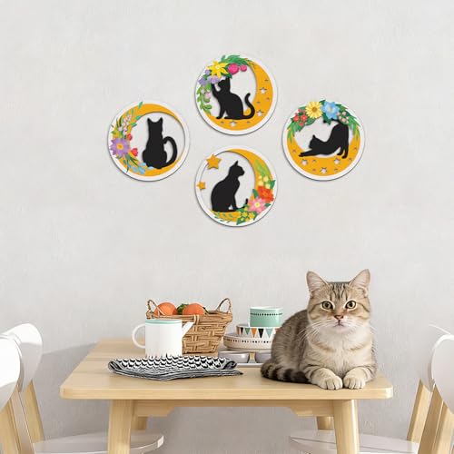 TOARTi 4PCS Boho Cat Moon Wall Decor,Colorful Floral Cats Wooden Wall Art,Black Cats Flower Hanging Sign,Farmhouse Minimalist Geometric Botanical Kitten Artwork for Bedroom Home,Cat Lovers Gifts - color: 4pcs Boho Cat Moon Wall Decor