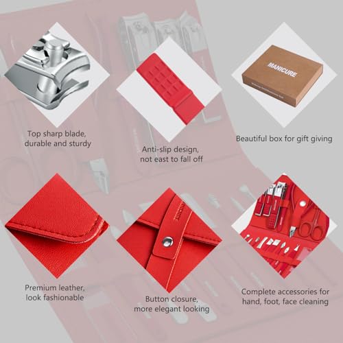 Manicure Set Professional Nail Clippers Pedicure Kit, 16 pcs Stainless Steel Nail Care Tools Grooming Kit with Luxurious Travel Leather Case for Thick Nails Men Women Gift (Red) - color: Red