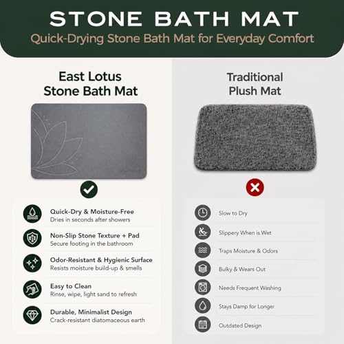 Bathroom Stone Mat Quick Dry – Stone Bath Mat for Bathroom, Diatomaceous Earth Bath Mat, Non Slip Stone Mat 23.6”×15.4” | East Lotus by JapandiSpirit - color: East Lotus