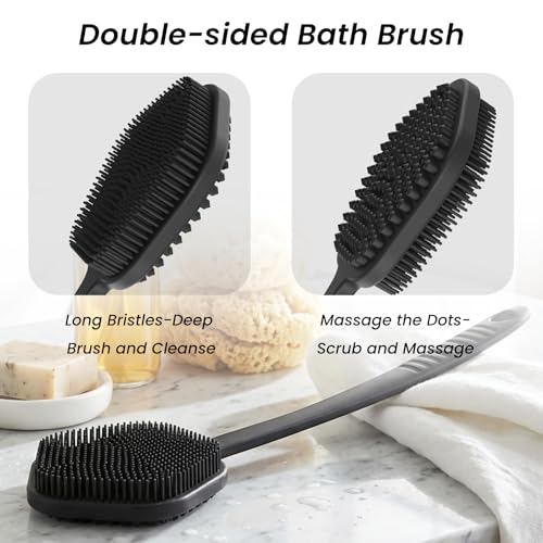 Redfly Silicone Back Scrubber for Shower Brush, 17 inch Long Handled Silicone Body Scrubber, Double Sided Shower Scrubber for Body Brush - color: Ink-black