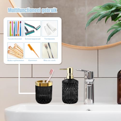 2Pcs Black Bathroom Accessories Set, Glass Bathroom Accessories, Vintage Bathroom Countertop Decoration Includes Soap Dispenser, Toothbrush Holder - color: Black, size: 2 Pcs