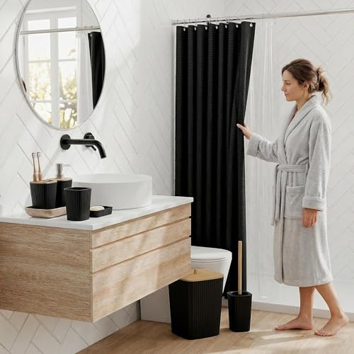 Bathroom Accessory Set 7 Pcs, Plastic Bathroom Set with Bamboo Cover Include Soap Dish, Toothbrush Holder, Mousewash Cup, Shower Curtain Set, Soap Dispenser, Trash Can & Toilet Brush - color: Black, size: 7pack
