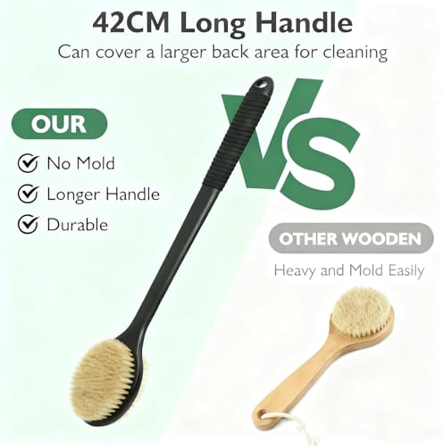 Back Scrubber for Shower, Anti-Slip Long Handle Shower Brush with Soft & Stiff Bristles, Body Exfoliator for Shower, Bath, or Dry Use (Black) - size: 17 in - Black