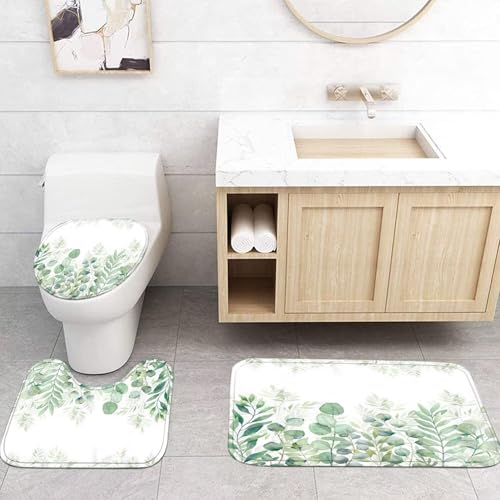 DDQQ 4Pcs Green Bathroom Set Leaves Shower Curtain Set Spring Eucalyptus Leaf Shower Curtain for Bathroom with 12 Hooks, Bathroom Decor Accessories for Bathroom Toilet Lid Cover - color: Green